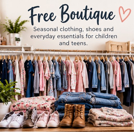 Free Boutique: Seasonal clothing, shoes and everyday essentials for children and teens.