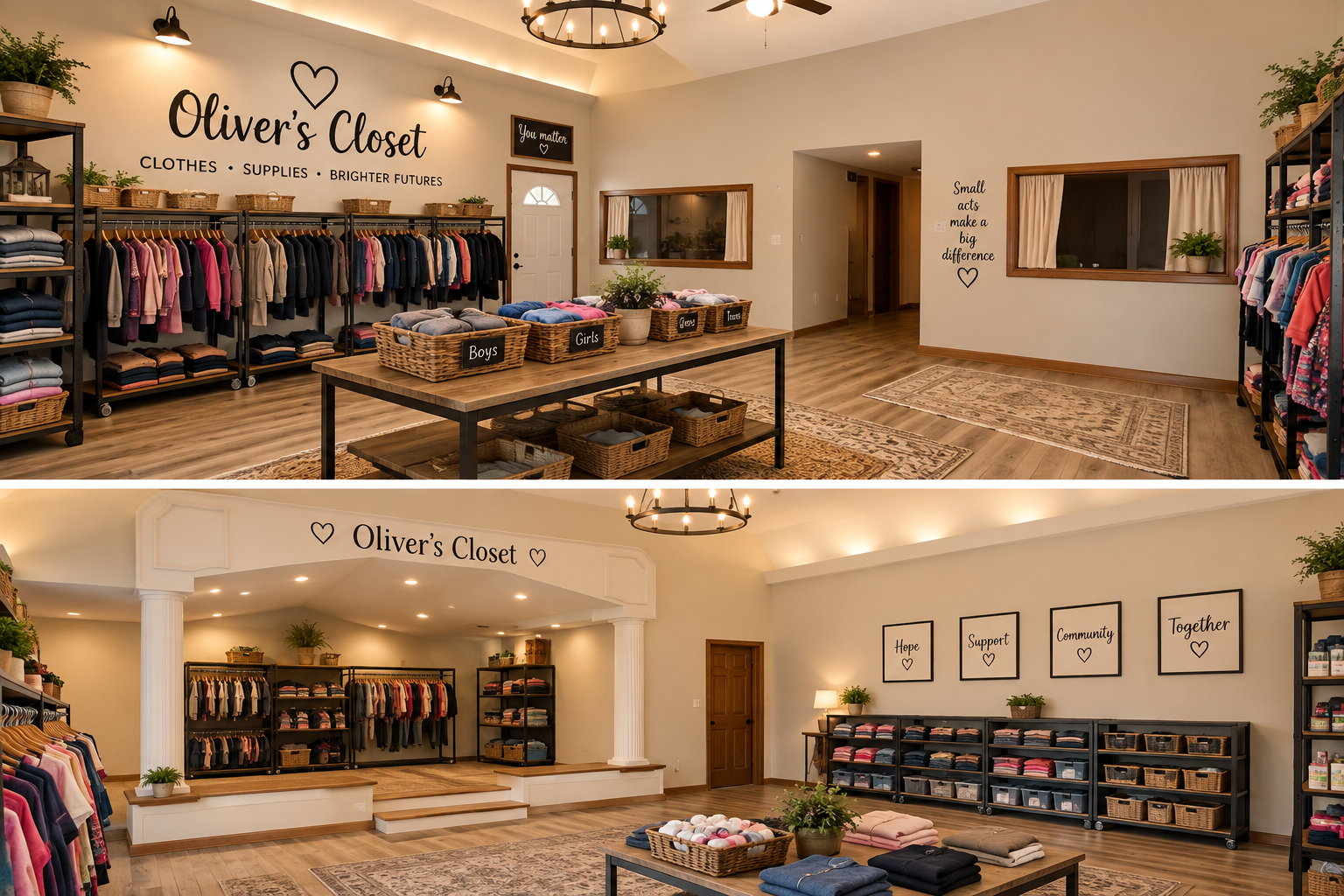 Inside Oliver's Closet: clothing racks, baskets of essentials and a welcoming boutique space