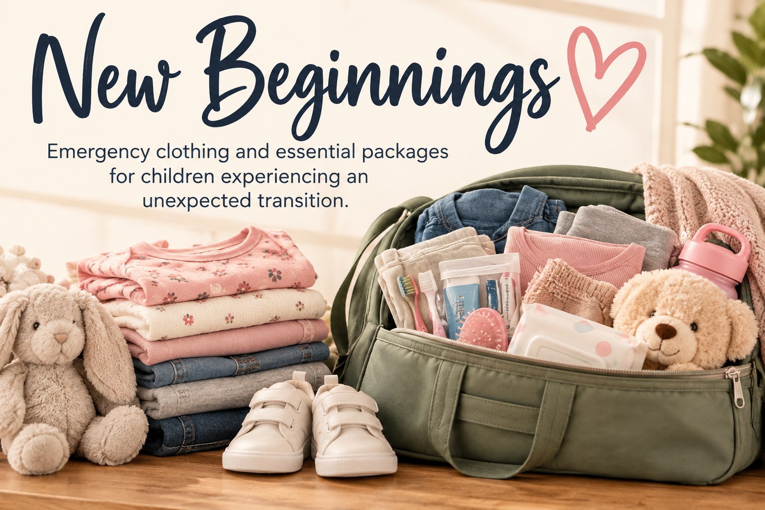 New Beginnings: Emergency clothing and essential packages for children experiencing an unexpected transition.
